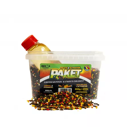 Senzor Planet PAKET MIX PELETE FEEDER 2mm 660g + ACTIVATOR GREEN MUSSEL & CHOCO ORANGE 100ml